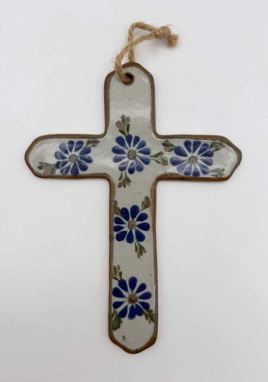 Tonala Mexican Art Pottery Cross 7” Wall Hanging Blue Flowers Signed Mexico